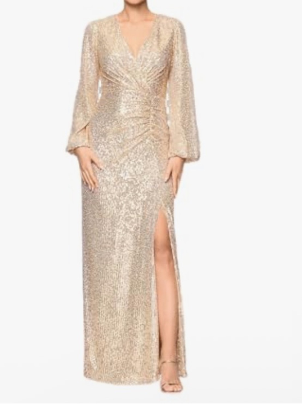 Betsy & Adam Gold Sequin V-Neck Long Sleeve Ruched draped floor length dress 10